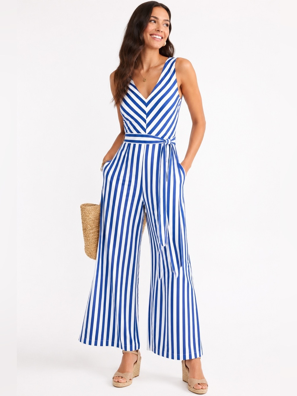 J. Crew Blue and White Striped V-Neck Wide-Leg Jumpsuit Size 10💙✨